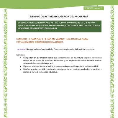 Actividad sugerida LC02 - Rapa Nui - U2 - N°19: Experimentan pintando tātū o pintura corporal. Actividad sugerida LC02 - Rapa Nui - U2 - N°19: Experimentan pintando tātū o pintura corporal.