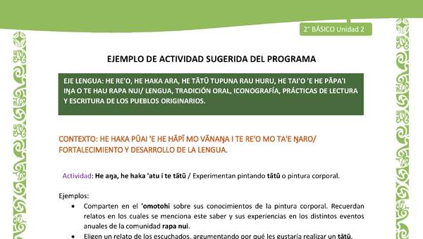 Actividad sugerida LC02 - Rapa Nui - U2 - N°19: Experimentan pintando tātū o pintura corporal. Actividad sugerida LC02 - Rapa Nui - U2 - N°19: Experimentan pintando tātū o pintura corporal.