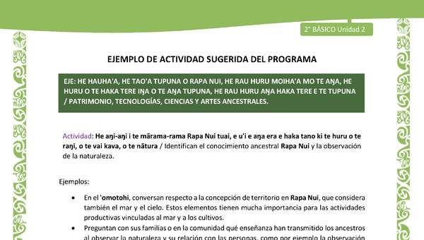 Actividad sugerida LC02 - Rapa Nui - U2 - N°32: Identifican el conocimiento ancestral Rapa Nui y la observación de la naturaleza. Actividad sugerida LC02 - Rapa Nui - U2 - N°32: Identifican el conocimiento ancestral Rapa Nui y la observación de la naturaleza.
