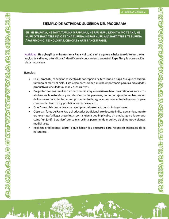 Actividad sugerida LC02 - Rapa Nui - U2 - N°32: Identifican el conocimiento ancestral Rapa Nui y la observación de la naturaleza. Actividad sugerida LC02 - Rapa Nui - U2 - N°32: Identifican el conocimiento ancestral Rapa Nui y la observación de la naturaleza.
