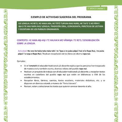 Actividad sugerida LC02 - Rapa Nui - U2 - N°02: Realizan recopilación de los libros en idioma rapa nui. Actividad sugerida LC02 - Rapa Nui - U2 - N°02: Realizan recopilación de los libros en idioma rapa nui.