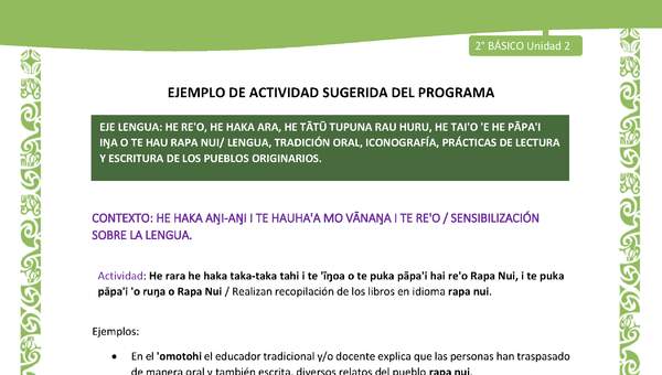 Actividad sugerida LC02 - Rapa Nui - U2 - N°02: Realizan recopilación de los libros en idioma rapa nui. Actividad sugerida LC02 - Rapa Nui - U2 - N°02: Realizan recopilación de los libros en idioma rapa nui.