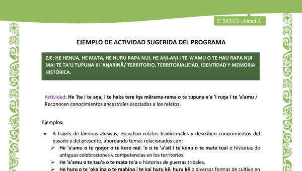 Actividad sugerida LC02 - Rapa Nui - U2 - N°23: Reconocen conocimientos ancestrales asociados a los relatos. Actividad sugerida LC02 - Rapa Nui - U2 - N°23: Reconocen conocimientos ancestrales asociados a los relatos.