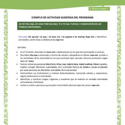 Actividad sugerida LC02 - Rapa Nui - U2 - N°28: Identifican actividades, ceremonias o celebraciones rapa nui. Actividad sugerida LC02 - Rapa Nui - U2 - N°28: Identifican actividades, ceremonias o celebraciones rapa nui.