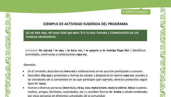 Actividad sugerida LC02 - Rapa Nui - U2 - N°28: Identifican actividades, ceremonias o celebraciones rapa nui. Actividad sugerida LC02 - Rapa Nui - U2 - N°28: Identifican actividades, ceremonias o celebraciones rapa nui.
