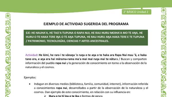Actividad sugerida LC02 - Rapa Nui - U2 - N°31: Buscan y comparten información del pueblo rapa nui y la generación de conocimiento en torno a la observación de la naturaleza y el cosmos. Actividad sugerida LC02 - Rapa Nui - U2 - N°31: Buscan y comparten información del pueblo rapa nui y la generación de conocimiento en torno a la observación de la naturaleza y el cosmos.