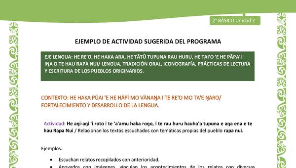 Actividad sugerida LC02 - Rapa Nui - U2 - N°20: Relacionan los textos escuchados con temáticas propias del pueblo rapa nui. Actividad sugerida LC02 - Rapa Nui - U2 - N°20: Relacionan los textos escuchados con temáticas propias del pueblo rapa nui.