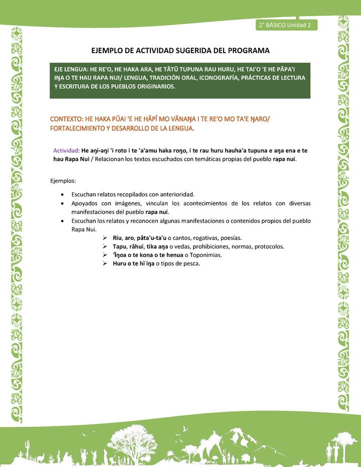 Actividad sugerida LC02 - Rapa Nui - U2 - N°20: Relacionan los textos escuchados con temáticas propias del pueblo rapa nui. Actividad sugerida LC02 - Rapa Nui - U2 - N°20: Relacionan los textos escuchados con temáticas propias del pueblo rapa nui.