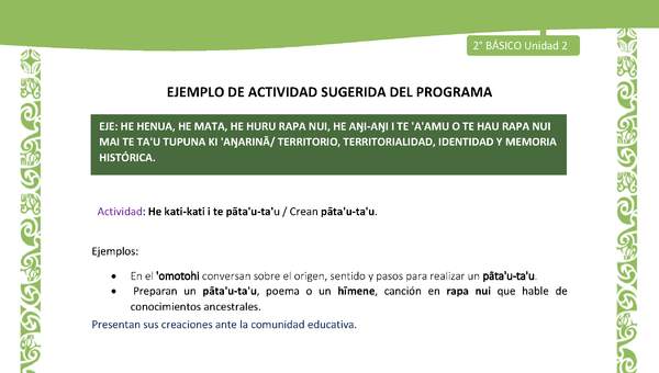 Actividad sugerida LC02 - Rapa Nui - U2 - N°26: Crean pāta'u-ta'u. Actividad sugerida LC02 - Rapa Nui - U2 - N°26: Crean pāta'u-ta'u.