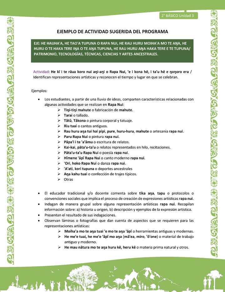 Actividad sugerida LC02 - Rapa Nui - U3 - N°15: Identifican representaciones artísticas y reconocen el tiempo y lugar en que se celebran. Actividad sugerida LC02 - Rapa Nui - U3 - N°15: Identifican representaciones artísticas y reconocen el tiempo y lugar en que se celebran.