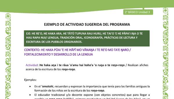 Actividad sugerida LC02 - Rapa Nui - U3 - N°05: Realizan afiches acerca de la escritura de los roŋo-roŋo. Actividad sugerida LC02 - Rapa Nui - U3 - N°05: Realizan afiches acerca de la escritura de los roŋo-roŋo.