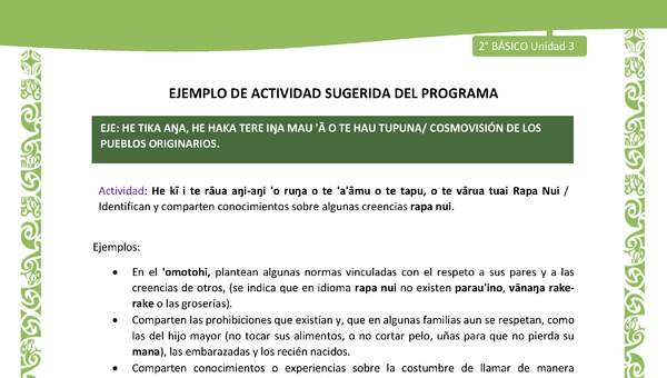 Actividad sugerida LC02 - Rapa Nui - U3 - N°10: Identifican y comparten conocimientos sobre algunas creencias rapa nui. Actividad sugerida LC02 - Rapa Nui - U3 - N°10: Identifican y comparten conocimientos sobre algunas creencias rapa nui.