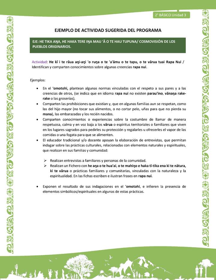 Actividad sugerida LC02 - Rapa Nui - U3 - N°10: Identifican y comparten conocimientos sobre algunas creencias rapa nui. Actividad sugerida LC02 - Rapa Nui - U3 - N°10: Identifican y comparten conocimientos sobre algunas creencias rapa nui.
