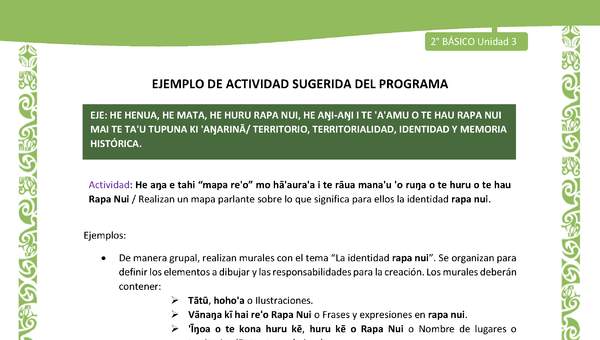 Actividad sugerida LC02 - Rapa Nui - U3 - N°08: Realizan un mapa parlante sobre lo que significa para ellos la identidad rapa nui. Actividad sugerida LC02 - Rapa Nui - U3 - N°08: Realizan un mapa parlante sobre lo que significa para ellos la identidad rapa nui.
