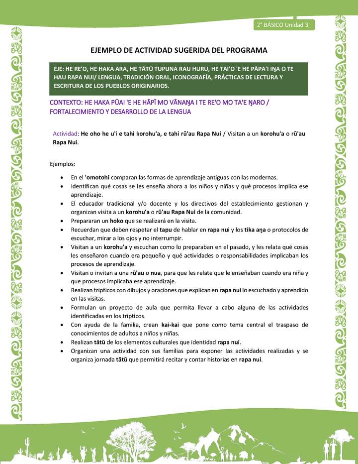 Actividad sugerida LC02 - Rapa Nui - U3 - N°07: Visitan a un korohu'a o rū'au Rapa Nui. Actividad sugerida LC02 - Rapa Nui - U3 - N°07: Visitan a un korohu'a o rū'au Rapa Nui.