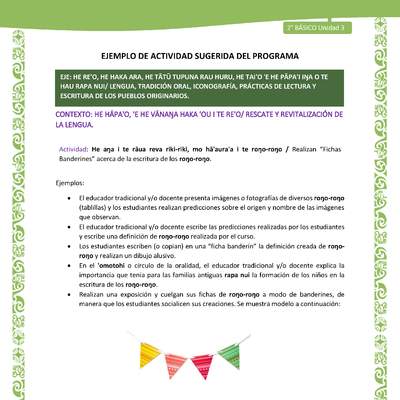 Actividad sugerida LC02 - Rapa Nui - U3 - N°03: Realizan “Fichas Banderines” acerca de la escritura de los roŋo-roŋo. Actividad sugerida LC02 - Rapa Nui - U3 - N°03: Realizan “Fichas Banderines” acerca de la escritura de los roŋo-roŋo.