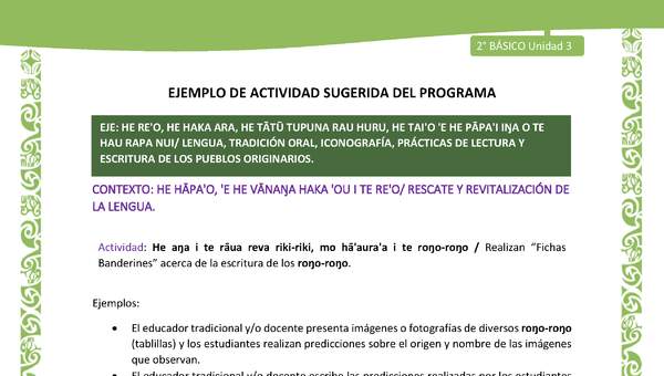 Actividad sugerida LC02 - Rapa Nui - U3 - N°03: Realizan “Fichas Banderines” acerca de la escritura de los roŋo-roŋo. Actividad sugerida LC02 - Rapa Nui - U3 - N°03: Realizan “Fichas Banderines” acerca de la escritura de los roŋo-roŋo.
