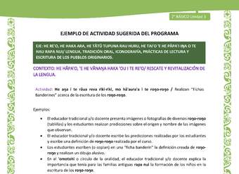 Actividad sugerida LC02 - Rapa Nui - U3 - N°03: Realizan “Fichas Banderines” acerca de la escritura de los roŋo-roŋo. Actividad sugerida LC02 - Rapa Nui - U3 - N°03: Realizan “Fichas Banderines” acerca de la escritura de los roŋo-roŋo.