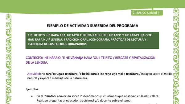 Actividad sugerida LC02 - Rapa Nui - U4 - N°04: Indagan sobre el medio natural y explican mensajes de la naturaleza. Actividad sugerida LC02 - Rapa Nui - U4 - N°04: Indagan sobre el medio natural y explican mensajes de la naturaleza.