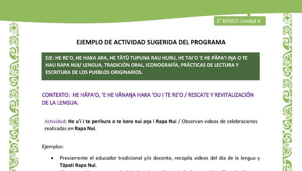 Actividad sugerida LC02 - Rapa Nui - U4 - N°06: Observan videos de celebraciones realizadas en Rapa Nui. Actividad sugerida LC02 - Rapa Nui - U4 - N°06: Observan videos de celebraciones realizadas en Rapa Nui.
