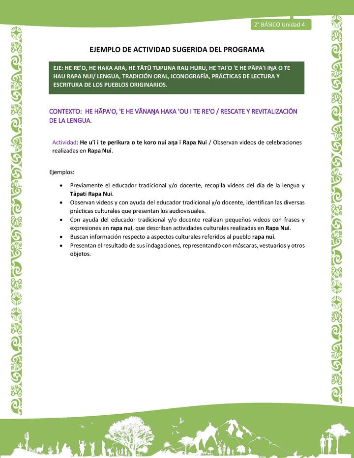 Actividad sugerida LC02 - Rapa Nui - U4 - N°06: Observan videos de celebraciones realizadas en Rapa Nui. Actividad sugerida LC02 - Rapa Nui - U4 - N°06: Observan videos de celebraciones realizadas en Rapa Nui.
