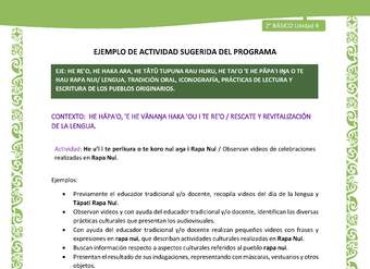Actividad sugerida LC02 - Rapa Nui - U4 - N°06: Observan videos de celebraciones realizadas en Rapa Nui. Actividad sugerida LC02 - Rapa Nui - U4 - N°06: Observan videos de celebraciones realizadas en Rapa Nui.