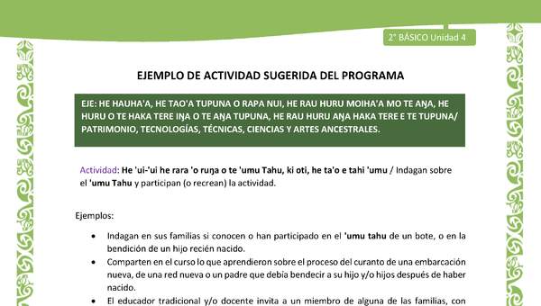 Actividad sugerida LC02 - Rapa Nui - U4 - N°15: Indagan sobre el 'umu Tahu y participan (o recrean) la actividad. Actividad sugerida LC02 - Rapa Nui - U4 - N°15: Indagan sobre el 'umu Tahu y participan (o recrean) la actividad.