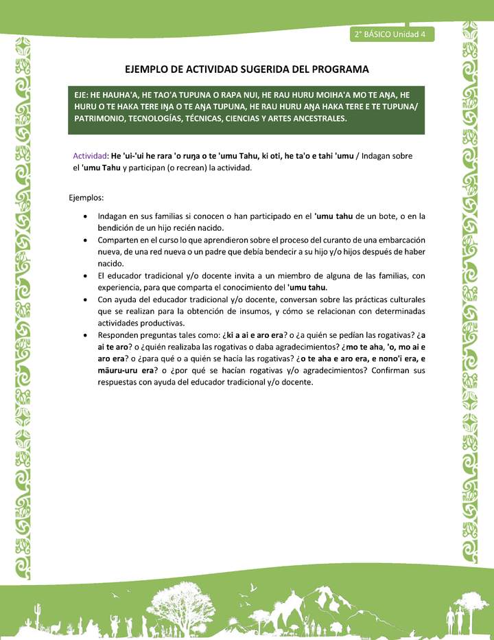 Actividad sugerida LC02 - Rapa Nui - U4 - N°15: Indagan sobre el 'umu Tahu y participan (o recrean) la actividad. Actividad sugerida LC02 - Rapa Nui - U4 - N°15: Indagan sobre el 'umu Tahu y participan (o recrean) la actividad.
