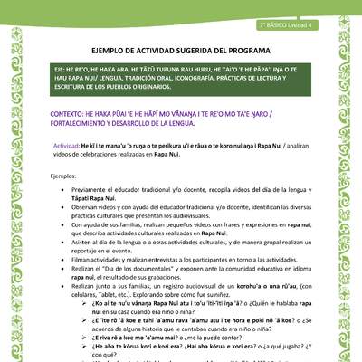 Actividad sugerida LC02 - Rapa Nui - U4 - N°09: analizan videos de celebraciones realizadas en Rapa Nui. Actividad sugerida LC02 - Rapa Nui - U4 - N°09: analizan videos de celebraciones realizadas en Rapa Nui.