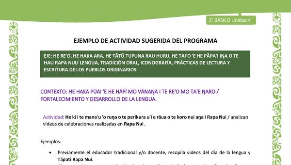 Actividad sugerida LC02 - Rapa Nui - U4 - N°09: analizan videos de celebraciones realizadas en Rapa Nui. Actividad sugerida LC02 - Rapa Nui - U4 - N°09: analizan videos de celebraciones realizadas en Rapa Nui.