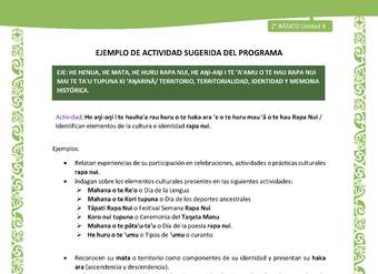 Actividad sugerida LC02 - Rapa Nui - U4 - N°10: Identifican elementos de la cultura e identidad rapa nui. Actividad sugerida LC02 - Rapa Nui - U4 - N°10: Identifican elementos de la cultura e identidad rapa nui.