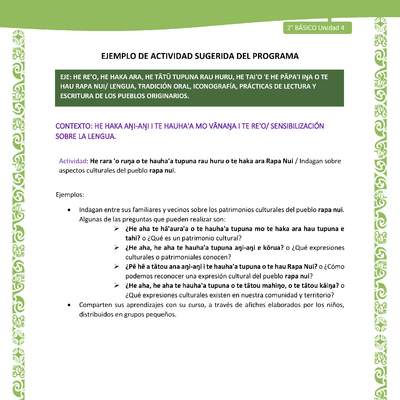 Actividad sugerida LC02 - Rapa Nui - U4 - N°02: Indagan sobre aspectos culturales del pueblo rapa nui. Actividad sugerida LC02 - Rapa Nui - U4 - N°02: Indagan sobre aspectos culturales del pueblo rapa nui.