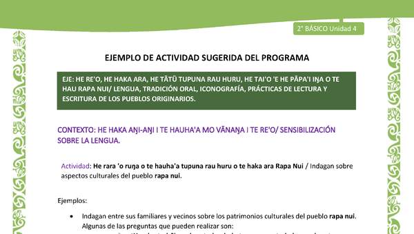 Actividad sugerida LC02 - Rapa Nui - U4 - N°02: Indagan sobre aspectos culturales del pueblo rapa nui. Actividad sugerida LC02 - Rapa Nui - U4 - N°02: Indagan sobre aspectos culturales del pueblo rapa nui.