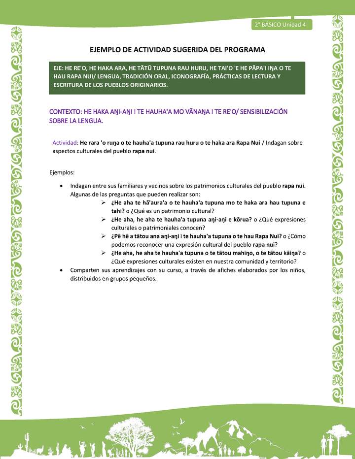 Actividad sugerida LC02 - Rapa Nui - U4 - N°02: Indagan sobre aspectos culturales del pueblo rapa nui. Actividad sugerida LC02 - Rapa Nui - U4 - N°02: Indagan sobre aspectos culturales del pueblo rapa nui.