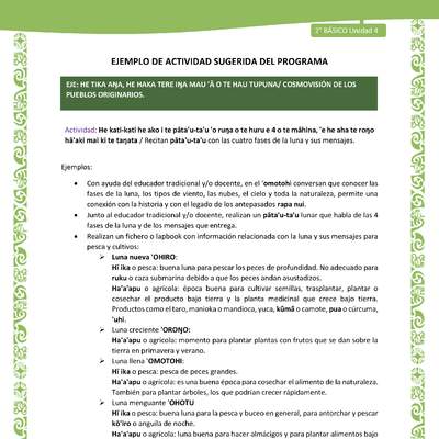 Actividad sugerida LC02 - Rapa Nui - U4 - N°11: Recitan pāta'u-ta'u con las cuatro fases de la luna y sus mensajes. Actividad sugerida LC02 - Rapa Nui - U4 - N°11: Recitan pāta'u-ta'u con las cuatro fases de la luna y sus mensajes.
