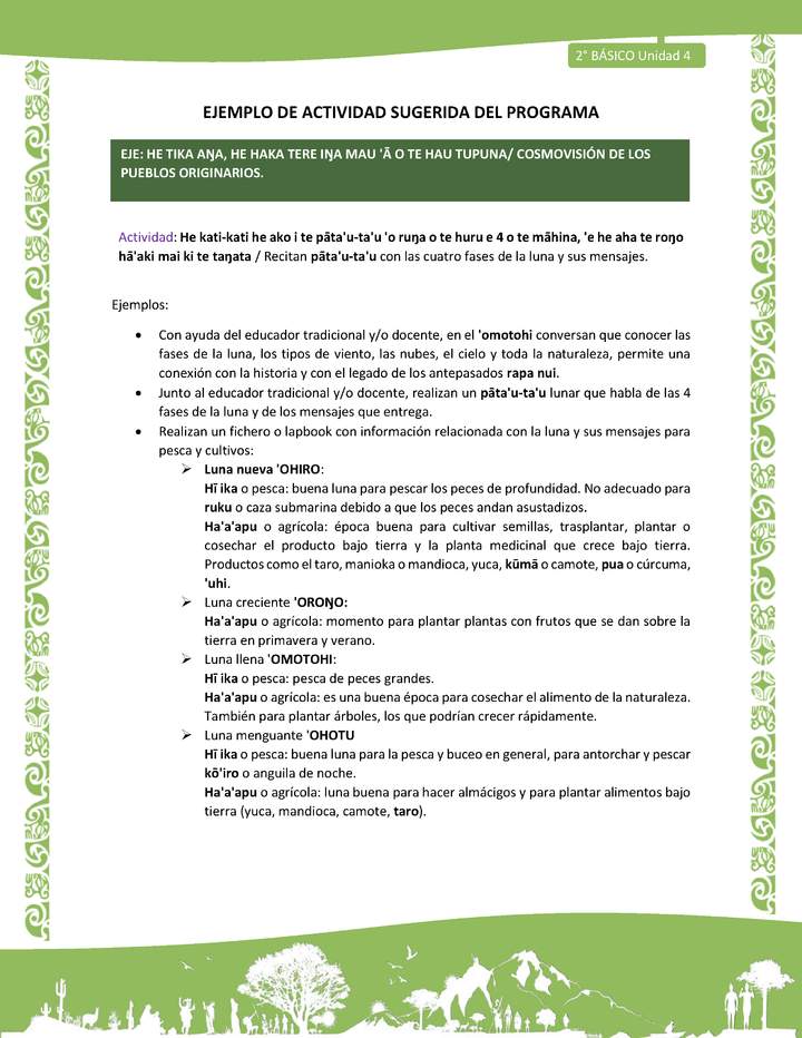 Actividad sugerida LC02 - Rapa Nui - U4 - N°11: Recitan pāta'u-ta'u con las cuatro fases de la luna y sus mensajes. Actividad sugerida LC02 - Rapa Nui - U4 - N°11: Recitan pāta'u-ta'u con las cuatro fases de la luna y sus mensajes.