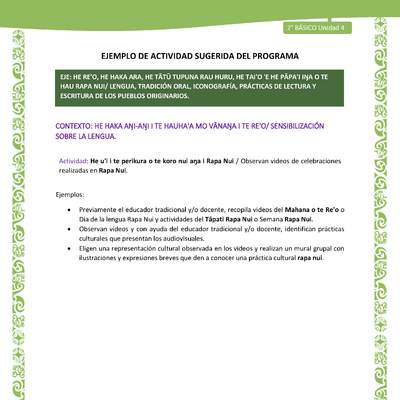 Actividad sugerida LC02 - Rapa Nui - U4 - N°03: Observan videos de celebraciones realizadas en Rapa Nui. Actividad sugerida LC02 - Rapa Nui - U4 - N°03: Observan videos de celebraciones realizadas en Rapa Nui.