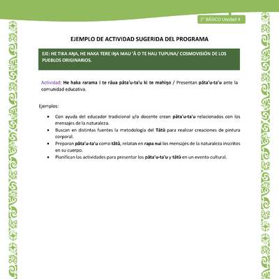 Actividad sugerida LC02 - Rapa Nui - U4 - N°12: Presentan pāta'u-ta'u ante la comunidad educativa. Actividad sugerida LC02 - Rapa Nui - U4 - N°12: Presentan pāta'u-ta'u ante la comunidad educativa.
