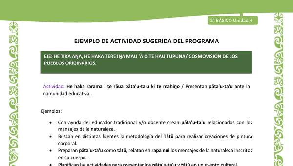 Actividad sugerida LC02 - Rapa Nui - U4 - N°12: Presentan pāta'u-ta'u ante la comunidad educativa. Actividad sugerida LC02 - Rapa Nui - U4 - N°12: Presentan pāta'u-ta'u ante la comunidad educativa.