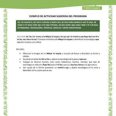 Actividad sugerida LC02 - Rapa Nui - U4 - N°16: Conocen la historia del Māŋai ivi taŋata e identifican la tecnología rapa nui para la pesca y el cultivo. Actividad sugerida LC02 - Rapa Nui - U4 - N°16: Conocen la historia del Māŋai ivi taŋata e identifican la tecnología rapa nui para la pesca y el cultivo.