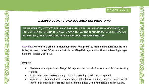 Actividad sugerida LC02 - Rapa Nui - U4 - N°16: Conocen la historia del Māŋai ivi taŋata e identifican la tecnología rapa nui para la pesca y el cultivo. Actividad sugerida LC02 - Rapa Nui - U4 - N°16: Conocen la historia del Māŋai ivi taŋata e identifican la tecnología rapa nui para la pesca y el cultivo.