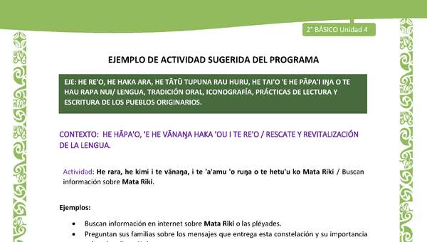 Actividad sugerida LC02 - Rapa Nui - U4 - N°05: Buscan información sobre Mata Riki. Actividad sugerida LC02 - Rapa Nui - U4 - N°05: Buscan información sobre Mata Riki.