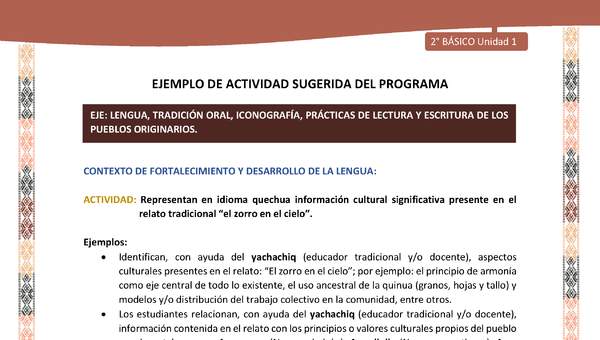 Actividad sugerida LC02 - Quechua - U1 - N°08: Representan en idioma quechua información cultural significativa presente en el relato tradicional “el zorro en el cielo”. Actividad sugerida LC02 - Quechua - U1 - N°08: Representan en idioma quechua información cultural significativa presente en el relato tradicional “el zorro en el cielo”.