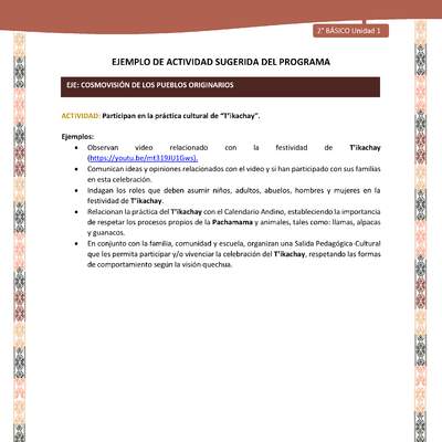 Actividad sugerida LC02 - Quechua - U1 - N°13: Participan en la práctica cultural de “T’ikachay”. Actividad sugerida LC02 - Quechua - U1 - N°13: Participan en la práctica cultural de “T’ikachay”.