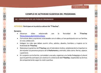 Actividad sugerida LC02 - Quechua - U1 - N°13: Participan en la práctica cultural de “T’ikachay”. Actividad sugerida LC02 - Quechua - U1 - N°13: Participan en la práctica cultural de “T’ikachay”.