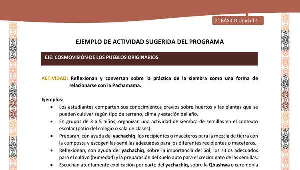 Actividad sugerida LC02 - Quechua - U1 - N°12: Reflexionan y conversan sobre la práctica de la siembra como una forma de relacionarse con la Pachamama. Actividad sugerida LC02 - Quechua - U1 - N°12: Reflexionan y conversan sobre la práctica de la siembra como una forma de relacionarse con la Pachamama.
