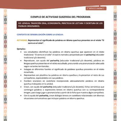 Actividad sugerida LC02 - Quechua - U1 - N°03: Representan el significado de palabras en idioma quechua presentes en el relato “El zorro en el cielo”. Actividad sugerida LC02 - Quechua - U1 - N°03: Representan el significado de palabras en idioma quechua presentes en el relato “El zorro en el cielo”.