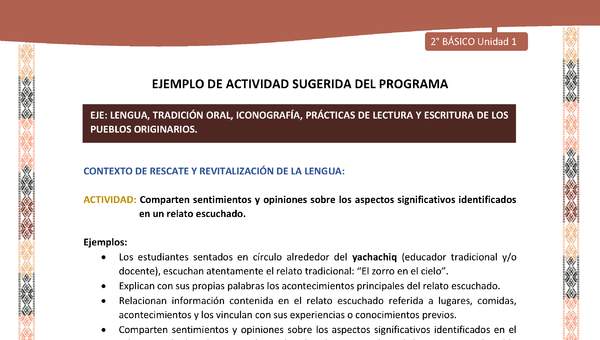 Actividad sugerida LC02 - Quechua - U1 - N°04: Comparten sentimientos y opiniones sobre los aspectos significativos identificados en un relato escuchado. Actividad sugerida LC02 - Quechua - U1 - N°04: Comparten sentimientos y opiniones sobre los aspectos significativos identificados en un relato escuchado.