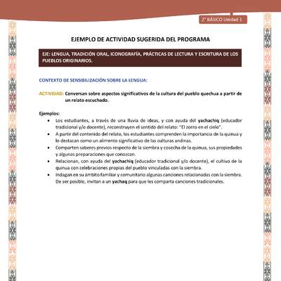 Actividad sugerida LC02 - Quechua - U1 - N°02: Conversan sobre aspectos significativos de la cultura del pueblo quechua a partir de un relato escuchado. Actividad sugerida LC02 - Quechua - U1 - N°02: Conversan sobre aspectos significativos de la cultura del pueblo quechua a partir de un relato escuchado.