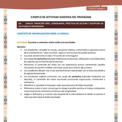 Actividad sugerida LC02 - Quechua - U2 - N°15: Escuchan y comentan relatos leídos y/o escuchados. Actividad sugerida LC02 - Quechua - U2 - N°15: Escuchan y comentan relatos leídos y/o escuchados.
